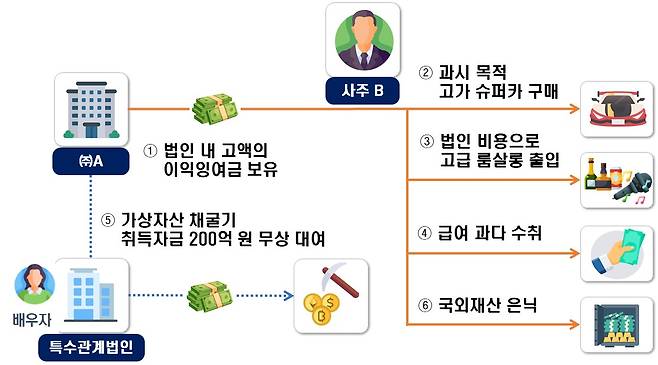 사주가 법인 명의로 슈퍼카를 구매하거나, 법인 비용으로 고급 룸살롱 출입, 고액 급여 수취 등의 방법으로 법인자금 유출한 사례.(자료제공=국세청)