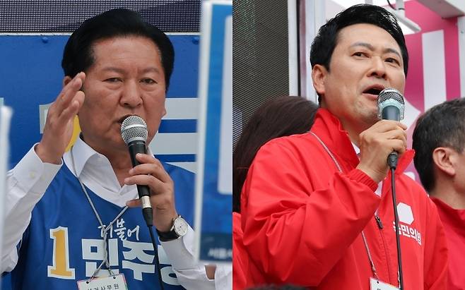 정청래 더불어민주당 대표(왼쪽)가 28일 서울 마포구를 찾아 유세를 하고 있다. 장동혁 국민의힘 대표는 이날 충남 논산에서 유세를 하고 있다. 연합뉴스
