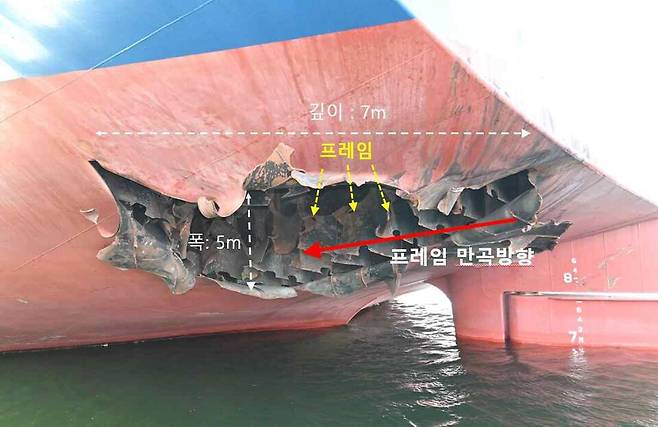 외교부는 10일 나무호 현장 조사단이 기록한 피격 사진을 공개했다. 사진은 선체 하단에서 확인된 폭 5m·깊이 7m 파공 ⓒ 연합뉴스
