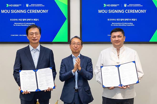 HD건설기계가 지난 21일 판교 HD현대 글로벌R&D센터(GRC)에서 우크라이나 미콜라이우 주정부와 ‘우크라이나 재건 사업 협력을 위한 업무협약’을 체결했다. (사진=HD건설기계)