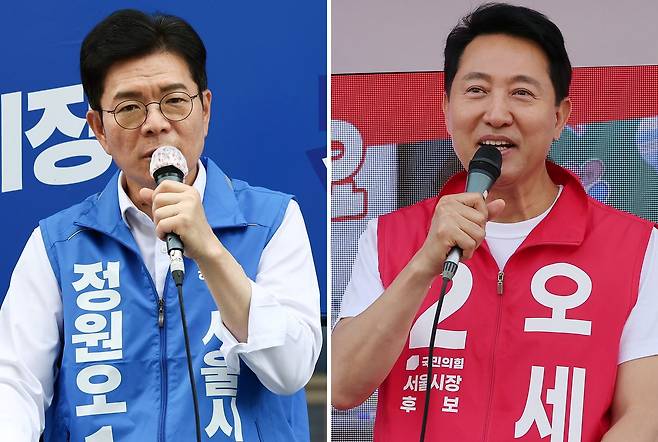6·3 지방선거 서울시장 선거에 출마한 정원오(왼쪽) 더불어민주당 후보와 오세훈 국민의힘 후보가 지난 25일 각각 서울 양천구 현대백화점 목동점 앞, 도봉구 홈플러스 방학점 앞에서 지지를 호소하고 있다. 뉴스1
