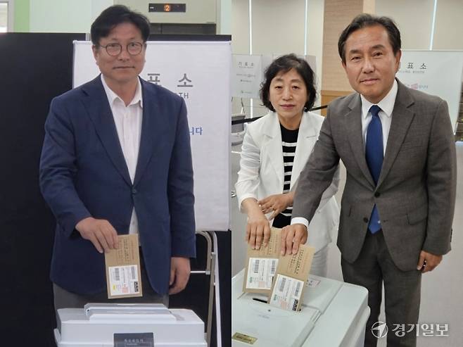 사전투표 첫날인 29일 오전 도성훈 인천시교육감 후보가 미추홀구 주안4동 행정복지센터에서 투표하고 있다. 오른쪽은 임병구 인천시교육감 후보 내외가 서구 아라1동 행정복지센터에서 투표하는 모습. 정성식·박기웅기자