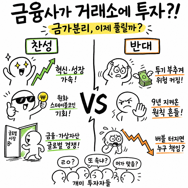 오늘의 찬반 카드- ‘금융사가 거래소에 투자?! - 금가분리, 이제 풀릴까?’ < 생성 : 챗GPT >