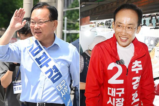 김부겸 더불어민주당 대구시장 후보가 6·3 지방선거 사전투표가 시작된 29일 대구 중구 북성로 공구거리에서 시민들과 인사하며 지지를 호소하고 있다(왼쪽 사진). 추경호 국민의힘 대구시장 후보가 같은 날 대구 중구 대구역 번개시장에서 상인들과 인사를 나누며 지지를 호소하고 있다(오른쪽 사진). 대구=오승현 기자 2026.05.29