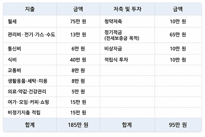 28세 김지훈씨 지출 및 저축 내역. 지출이 많은 경우 월 소득(260만원)을 넘는 경우도 있다.