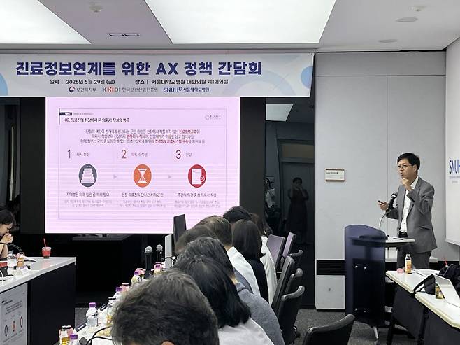 29일 열린 AX 정책간담회에서 신현웅 한국보건사회연구원 선임연구위원이 발표하고 있다. (사진=보건복지부)