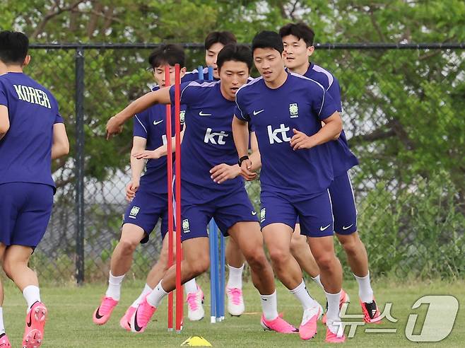 대한민국 축구대표팀 조규성, 황희찬, 김민재 등이 29일(현지시간) 미국 유타주 헤리먼에 위치한 자이언스뱅크 트레이닝센터에서 훈련을 하고 있다. 2026.5.30 ⓒ 뉴스1 임세영 기자