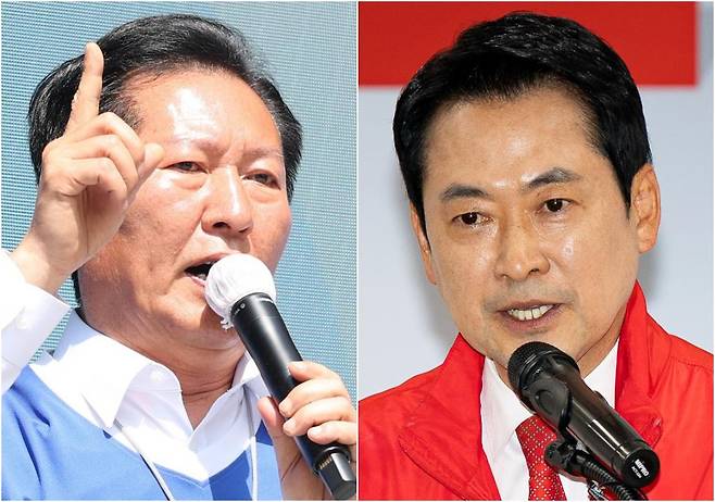 정청래(왼쪽 사진) 더불어민주당 대표와 장동혁 국민의힘 대표가 지난달 25일 각각 전북 전주시 전북대학교 구정문 앞과 대구 수성구 국민의힘 대구시당에서 열린 대구·경북 공동 비전선포식에서 인사말을 하고 있다. 뉴스1