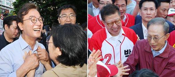 더불어민주당 전재수 부산시장 후보가 31일 해운대구 좌동 장산NC 백화점 앞에서 유권자들을 만나 지지를 호소하고 있다. 오른쪽 사진은 국민의힘 박형준 부산시장 후보가 31일 해운대구 구남로 일대에서 이명박 전 대통령과 함께 유권자들을 만나고 있는 모습. 김정록 기자 ilro12@kookje.co.kr