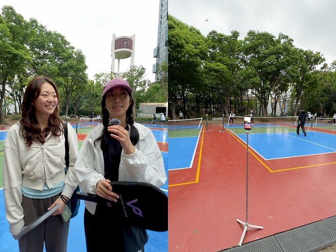 Left photo: Emily Kim (left) and Helen Baik, Korean Americans currently living in Korea, during a casual pickleball meetup with friends in Seoul. Right photo: A phone set up courtside records the game as players laugh and rally together. (Tammy Park/The Korea Herald)