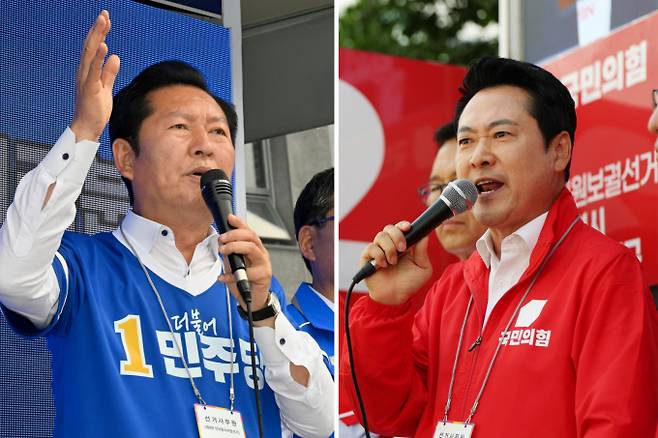 정청래 더불어민주당 총괄상임선거대책위원장과 장동혁 국민의힘 상임선거대책위원장이 24일 각각 전남지역과 인천지역에서 유세 활동을 이어갔다. 사진은 정청래 위원장이 전남 담양시장에서, 장동혁 위원장이 인천 연수 옥련시장에서 유세를 하는 모습./ 사진=뉴시스