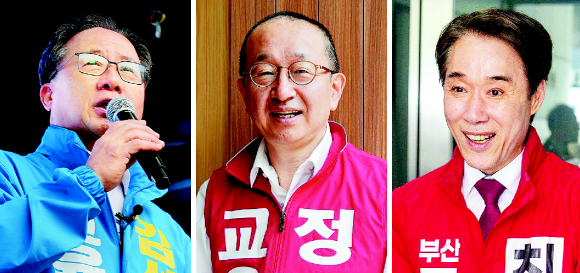 6·3 부산시교육감 선거에서 김석준 현 교육감의 장기집권 여부, 후보 단일화 실패의 파장 등이 관심사로 떠오르고 있다. 왼쪽부터 김석준 후보, 정승윤 후보, 최윤홍 후보. 각 후보 제공