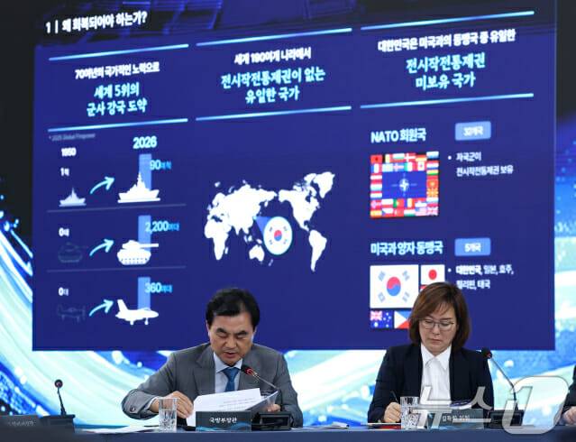 안규백 국방부 장관이 26일 경남 창원시 진해구에서 열린 제1회 미래국방전략위원회에서 전작권 조기 회복과 AI무인전투체계 군대로의 전환을 주제로 보고하고 있다. 2026.5.26 (사진=뉴스1/청와대통신사진기자단)