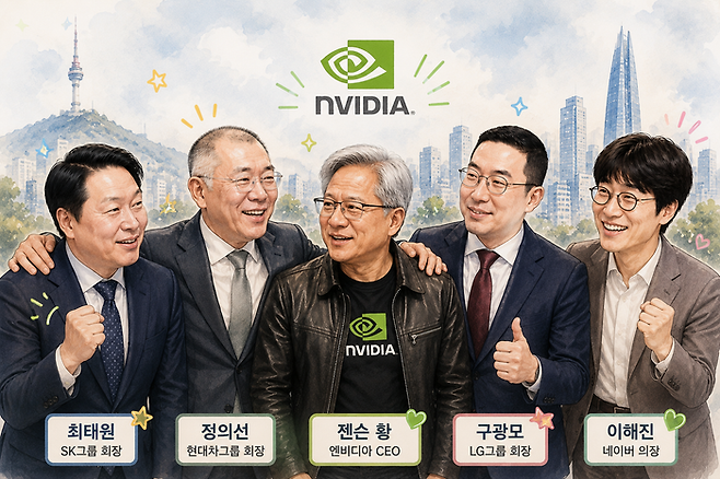 젠슨 황 CEO는 오는 5일 방한하는 가운데 관련 수혜 종목에도 기대감이 커지고 있다. 해당 이미지는 AI로 제작됨.