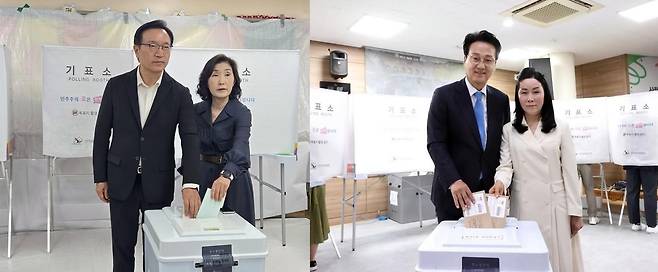 경기교육감 선거에서 양자 대결을 펼치고 있는 안민석(왼쪽 사진) 후보와 임태희 후보가 투표하는 모습. 안 후보는 사전투표일 첫날인 지난달 29일 투표했고, 임 후보는 본투표일인 3일 투표했다. 안민석·임태희 선거 캠프 제공
