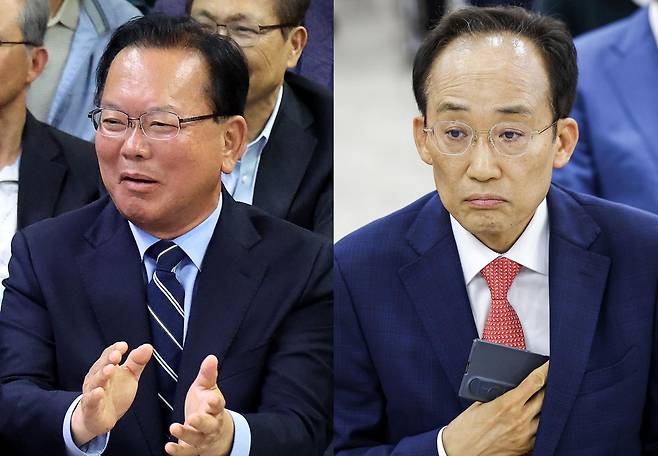 김부겸(왼쪽 사진) 더불어민주당 대구시장 후보와 추경호 국민의힘 대구시장 후보가 3일 대구에서 출구조사를 확인하고 있다. 대구=뉴시스