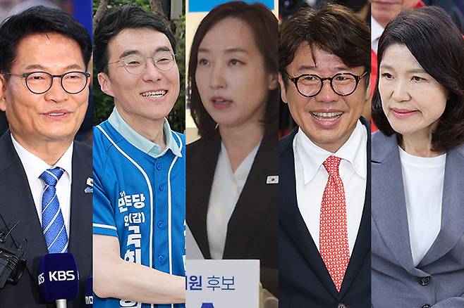 더불어민주당 송영길 인천 연수갑 후보, 더불어민주당 김남국 경기 안산갑 후보, 더불어민주당 전은수 충남 아산을 후보, 국민의힘 유의동 경기 평택을 후보, 국민의힘 이진숙 대구 달성 후보. 연합뉴스