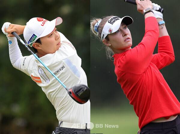 2026년 미국여자프로골프(LPGA) 투어 메이저 대회 US여자오픈에 출전한 김효주 프로, 넬리 코다가 1라운드에서 경기하는 모습이다. 사진제공=ⓒAFPBBNews = News1 (사진을 무단으로 사용하지 마십시오.)