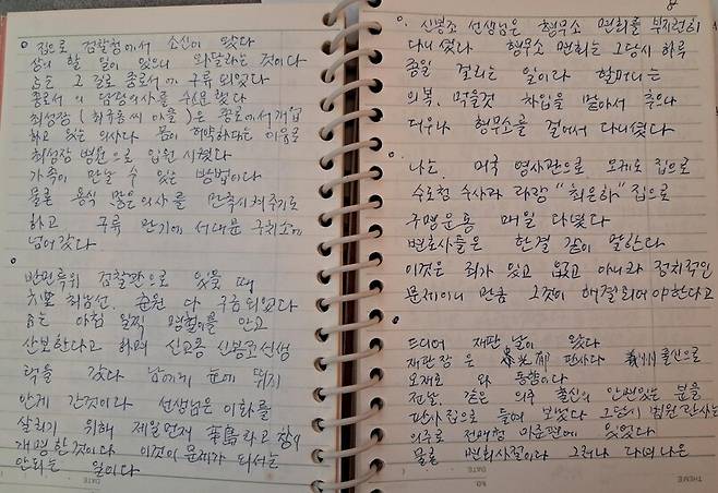 서용길 전 제헌국회의원의 부인 이영란 여사가 기록한 비망록의 일부 내용. 서 전 의원이 반민특위 검찰관으로 있을 때 육당 최남선과 춘원 이광수가 구금되었다는 사실과 국회프락치 사건 의원들을 기소한 오제도 검사, 사광욱(史光郁) 판사의 이름이 나온다. 서영철 제공