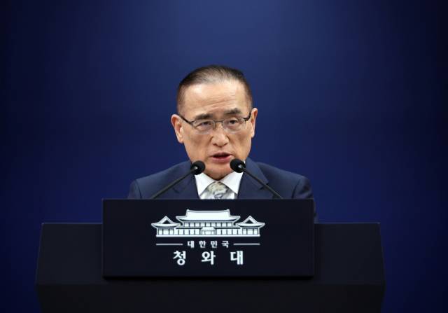 ▲위성락 국가안보실장이 5일 청와대 기자회견장에서 이재명 대통령의 G7 정상회의 참석 등 유럽 순방 일정을 설명하고 있다. ⓒ연합뉴스