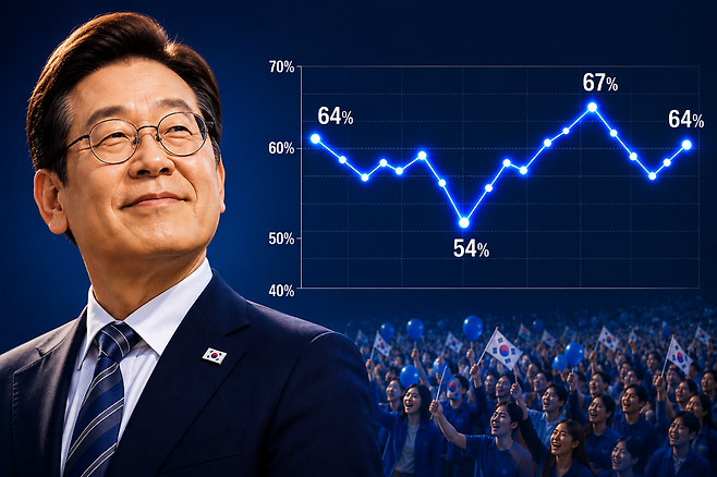 이재명 대통령 임기 1년 간 지지율 추이(한국갤럽 기준) ⓒ챗GPT