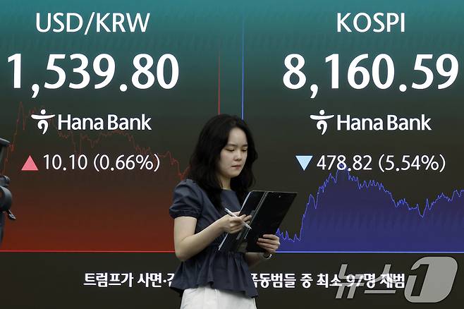 지난 5일 오후 서울 중구 하나은행 딜링룸 전광판에 코스피 등 종가가 표시되고 있다 2026.6.5 ⓒ 뉴스1 박정호 기자