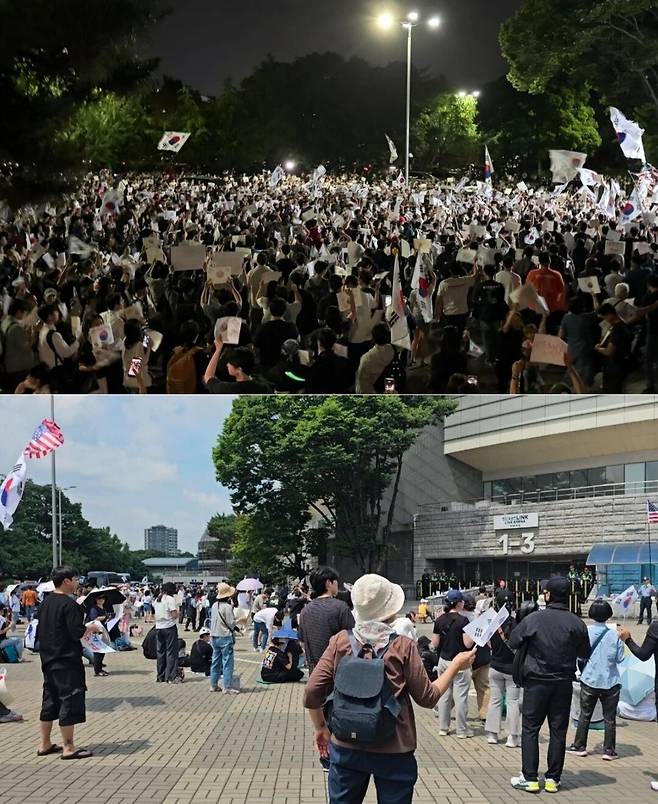 지난 주말 잠실 올림픽공원 시위대 인파(사진 위)와 8일 오전 서울 잠실 올림픽공원 핸드볼경기장 앞에 결집한 시위 인파(아래 사진) 비교 사진./황채영 기자