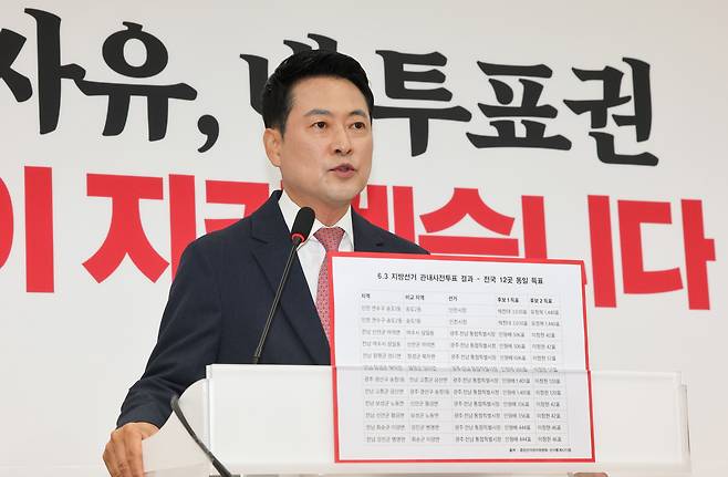 국민의힘 장동혁 대표가 지난 9일 오전 국회에서 투표용지 부족 사태에 관해 기자회견을 하며 전국 재선거를 주장하고 있다. /박성원 기자