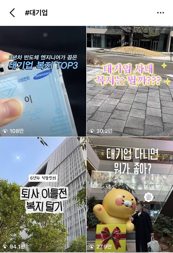 최근 SNS에서 대기업 복지 브이로그가 확산하고 있다. 인스타그램 캡쳐