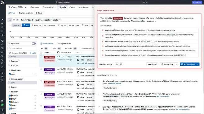 데이터독 'Bits AI Security Analyst'의 보안 경보 분석 AI 에이전트 / 출처=데이터독