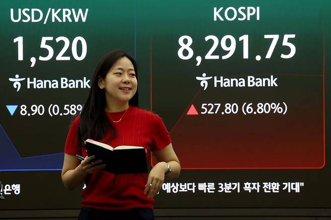 코스피 지수가 6%대 급등 출발한 12일 오전 서울 중구 하나은행 본점 딜링룸 현황판에 전장대비 527.80포인트(6.80%) 상승하 8,291.75를 나타내고 있다. ⓒ 뉴스1 이광호 기자 /사진=뉴스1