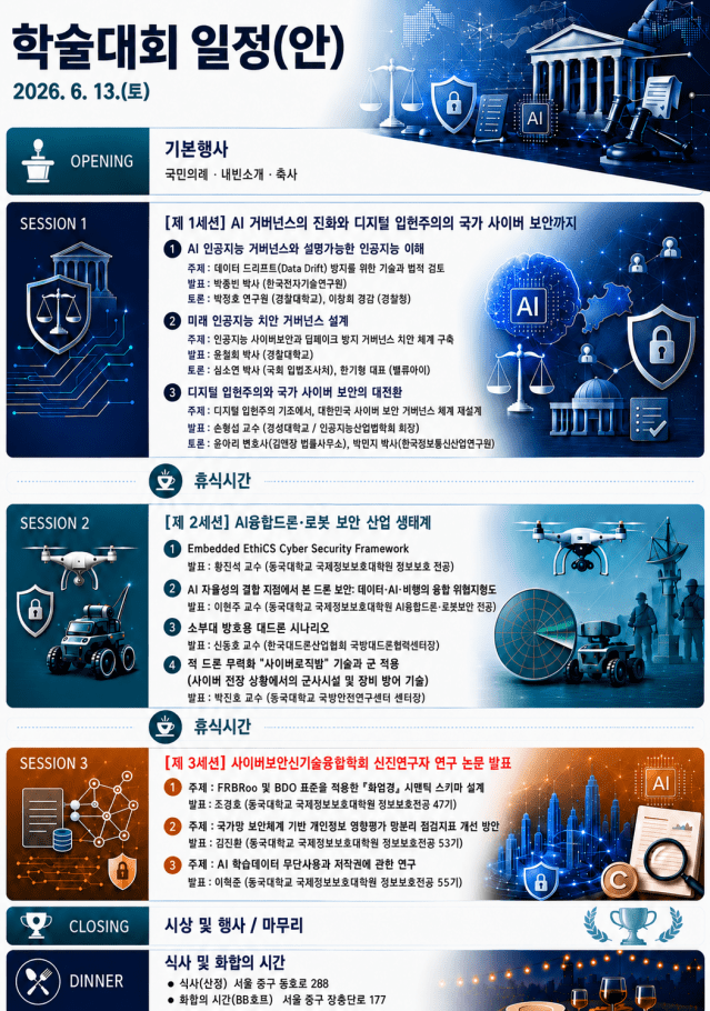 사이버보안신기술융합학회와 한국인공지능산업법학회가 13일 개최한 '하계 공동 학술대회' 개요.(사진=동국대 국제정보보호대학원)