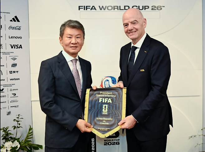 정몽규 한국축구협회장(왼쪽), 잔니 인판티노 국제축구연맹(FIFA) 회장. 정몽규 개인 SNS