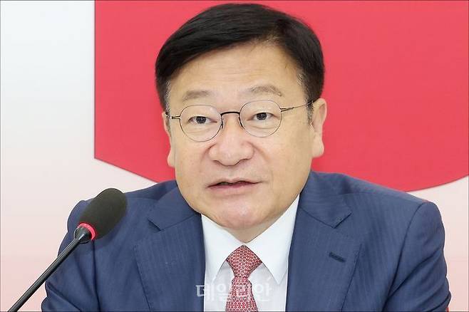정점식 국민의힘 원내대표가 12일 오전 서울 여의도 국회에서 열린 기자간담회에서 모두발언을 하고 있다. ⓒ데일리안 홍금표 기자