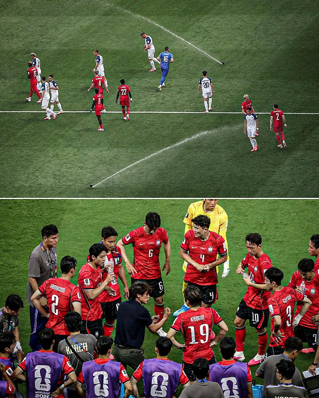 2026 FIFA 북중미 월드컵 기간 처음 도입된 하이드레이션 브레이크를 소화 중인 선수들의 모습. 아래 사진은 12일 체코와 경기서 선수들에게 작전을 지시하는 홍명보 감독. 사진=ESPN FC SNS