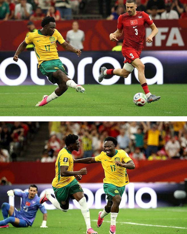 14일 튀르키예와의 2026 FIFA 북중미 월드컵 조별리그 D조 1차전 튀르키예와 경기에서 선제골을 넣고 환호하는 이란쿤다(오른쪽). 사진=폭스스포츠 호주판 SNS
