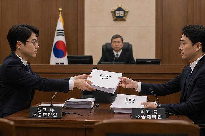 원고와 피고 측 소송대리인이 AI로 작성한 서면을 가지고 법정 다툼을 벌이는 모습이다. 챗GPT