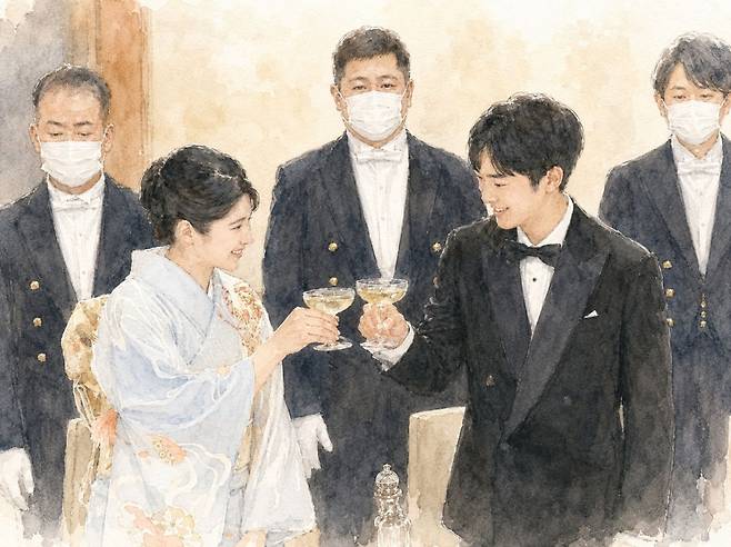 아이코 공주와 사촌동생 히사히토 왕자(공식명 친왕)가 지난달 27일 일본 도쿄 황궁에서 열린 필리핀 대통령 부부 환영 궁중만찬회에서 잔을 들고 건배하는 모습. 이 만찬회는 히사히토 왕자의 첫 궁중만찬회 참석으로도 주목받았다. 실제 장면을 참고해 생성형 인공지능(AI)으로 제작한 일러스트.