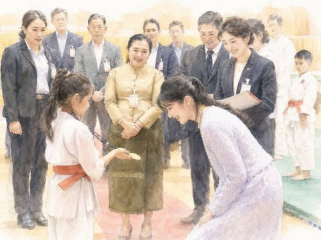 아이코 공주가 지난해 11월 라오스 공식 방문 당시 현지 어린이와 이야기하는 장면. 이 일정은 아이코 공주의 첫 해외 공식 방문이었다. 실제 장면을 참고해 생성형 인공지능(AI)으로 제작한 일러스트.