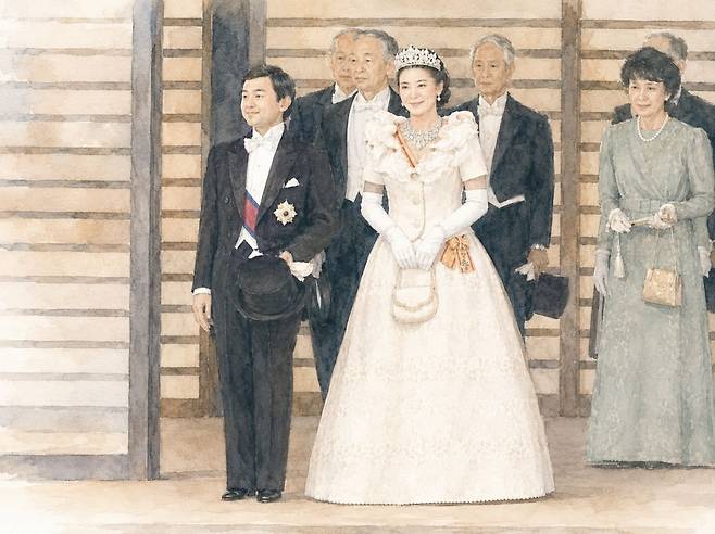 1993년 6월 9일 결혼식 당일 나루히토 당시 황태자와 마사코 황태자비가 궁내 행사장 앞에 서 있는 모습. 실제 장면을 참고해 생성형 인공지능(AI)으로 제작한 일러스트.