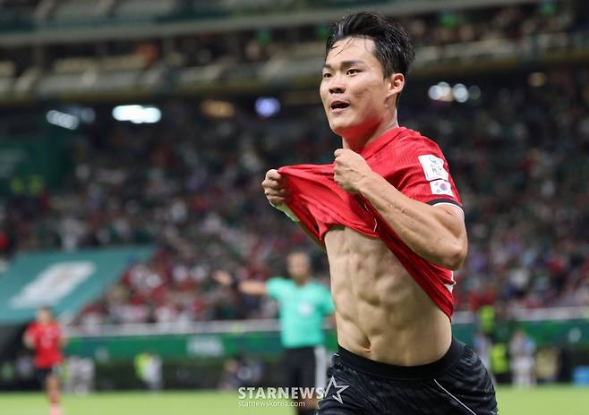 2026 북중미월드컵 A조 예선 대한민국-체코전이 12일(한국 시간) 멕시코 과달라하라 에스타디오 아크론에서 열렸다. 오현규가 역전골을 터트린 후 환호하고 있다. /사진=김진경 대기자