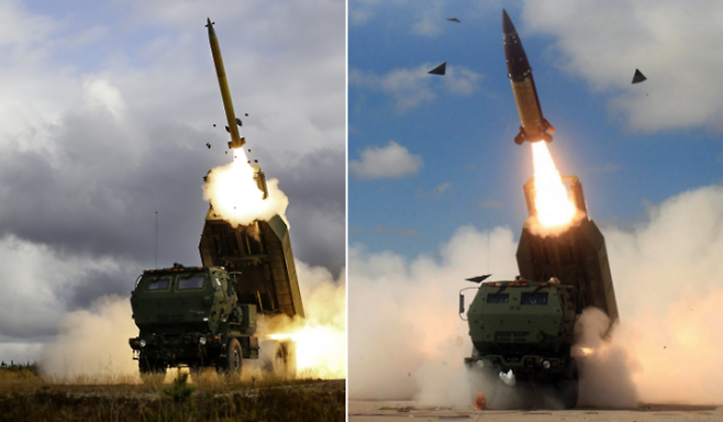 기존 하이마스(HIMARS) 발사대에서 로켓탄과 전술탄도미사일이 발사되는 모습. 신형 하이마스 플렉스는 2포드 구성으로 탄약 탑재량을 늘리고 장거리 타격 능력을 확대했다. 밀리터리워치매거진 캡처
