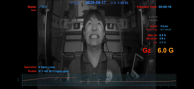 충북 청주시에 위치한 공군 항공우주의료원에서 기자가 가속도내성강화 훈련을 받고 있다. 공군 제공