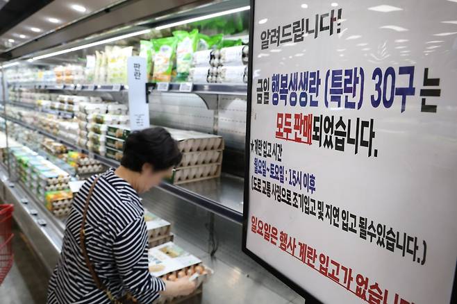 서울의 한 대형마트에 저렴하게 판매하는 계란의 품절 안내판이 게시된 모습. 연합뉴스