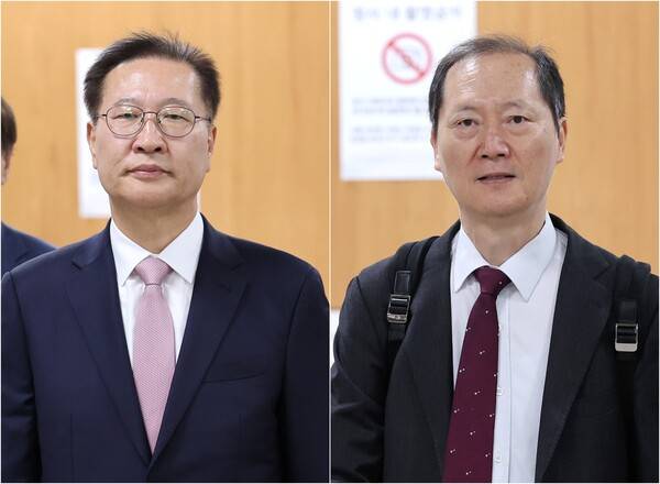 12·3 비상계엄 사태에 가담하고 김건희 여사의 수사 관련 청탁을 들어준 혐의로 기소된 박성재 전 법무부 장관(왼쪽)과 국회증언감정법 위반 혐의로 기소된 이완규 전 법제처장이 27일 서울 서초구 서울중앙지법에서 열린 1심 결심공판에 각각 출석하고 있다. 2026.4.27 연합뉴스 자료사진