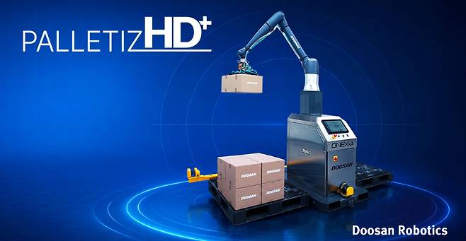 이번 ‘오토메이트(Automate) 2026’에서 처음 선보이는 AI 팔레타이징 솔루션 ‘PalletizHD+’ 랜더링 이미지.(두산로보틱스)