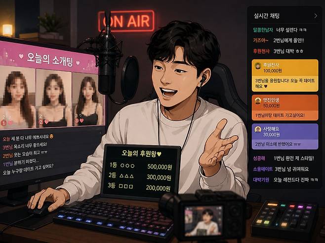 인터넷 방송인이 소개팅 방송을 진행하며 후원금을 받고 있는 모습. 일러스트 챗GPT