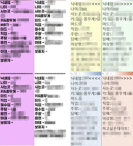 소개팅 방송들에 올라와 있는 여성들의 프로필. 키와 몸무게를 비롯해 신체 사이즈 등 적나라한 요소들이 여럿 적혀 있다. 유튜브 캡처