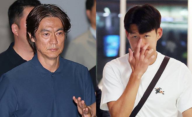 2026 북중미 월드컵 32강 진출 실패의 책임을 지고 사퇴 의사를 밝힌 홍명보 축구대표팀 감독(왼쪽)이 30일 새벽 인천국제공항 2터미널을 통해 입국해 이동하고 있다. 오른쪽은 축구국가대표팀 손흥민이 29일(현지시간) 미국 로스앤젤레스 국제공항에서 귀국하는 비행기에 오르고 있는 모습. 2026.6.30 뉴스1