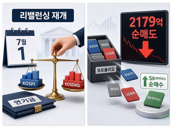국민연금의 국내 주식 리밸런싱 재개와 첫날 연기금의 2179억원 순매도를 형상화한 이미지. 연기금은 삼성전자 등 일부 종목을 팔고 SK하이닉스는 순매수했다. ChatGPT 생성 이미지